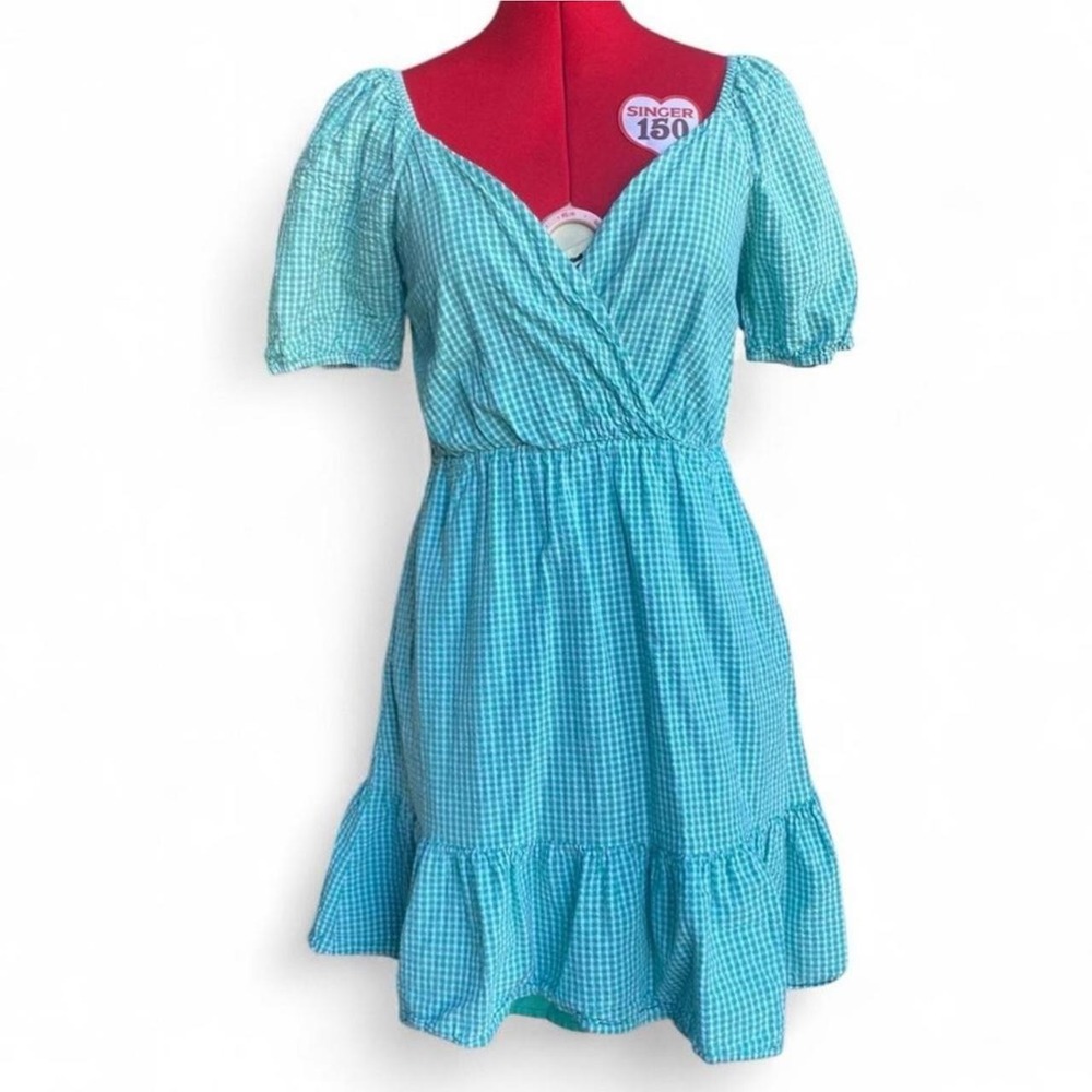 Draper James RSVP teal gingham puff sleeve surplice cotton dress xs cottagecore